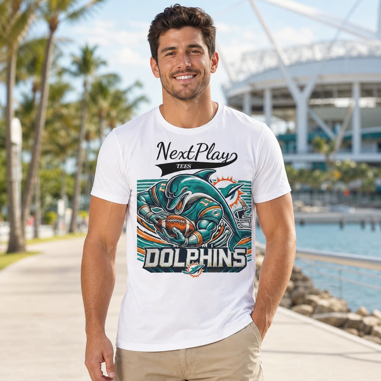 Miami Dolphins Exclusive Retro Football Running Mascot Artwork Shirt