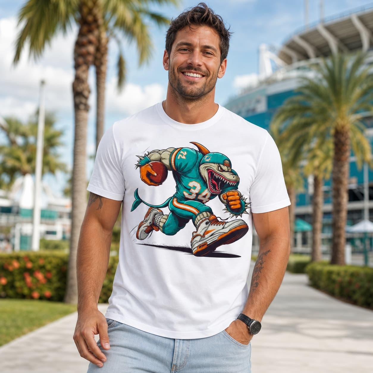 Miami Dolphins Ferocious Retro Football Mascot Artwork Shirt