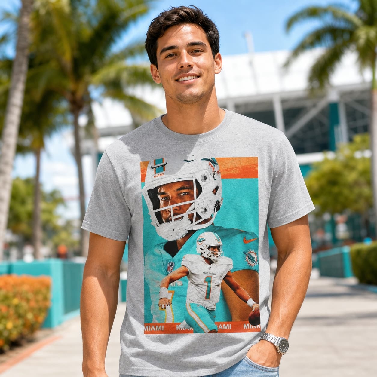 Miami Dolphins Tua Tagovailoa Exclusive Retro Football Artwork Heather T-Shirt