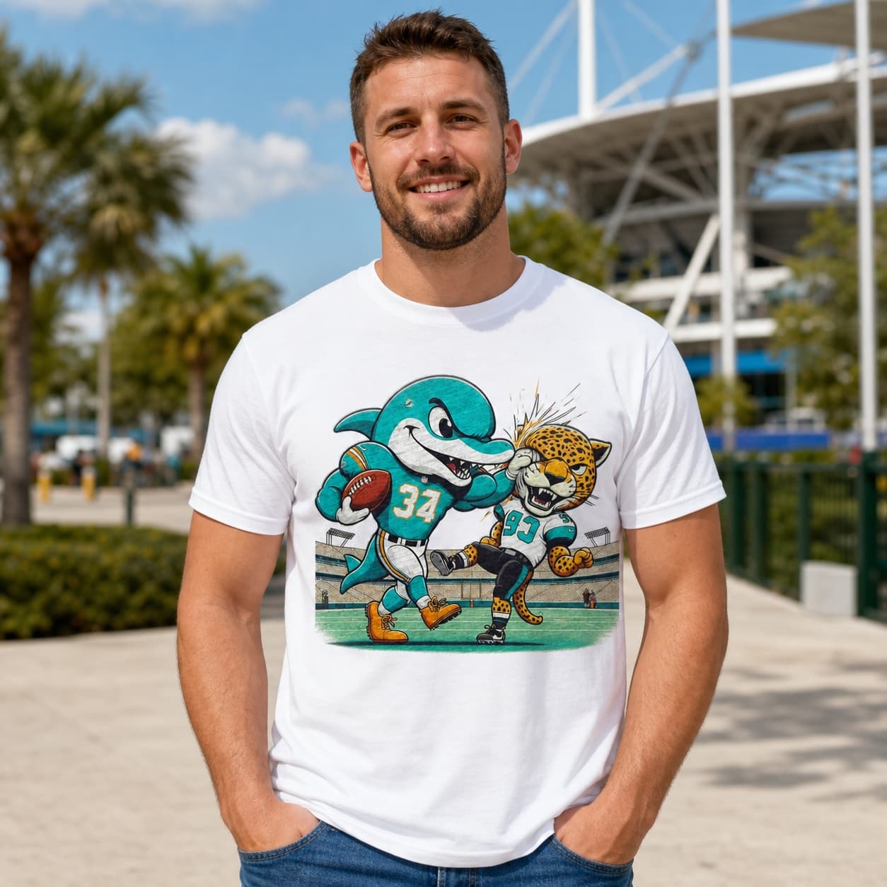 Miami Dolphins vs. Jacksonville Jaguars Retro Rivalry Mascot Football Artwork Shirt