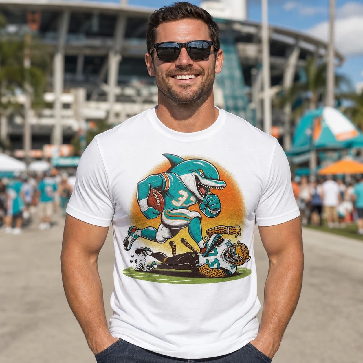 Miami Dolphins vs. Jacksonville Jaguars Retro Rivalry T.D. Football Artwork Shirt