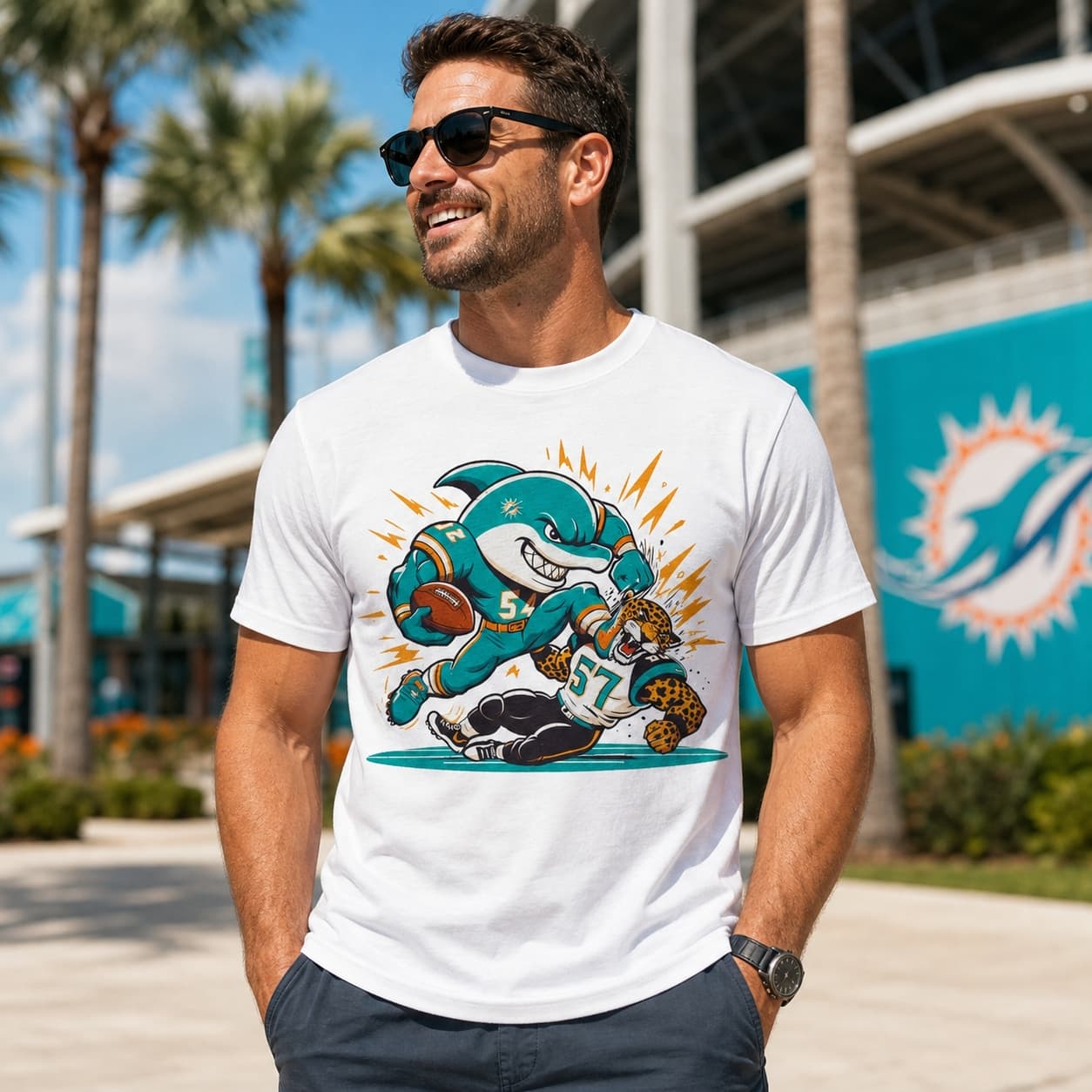 Miami Dolphins vs. Jacksonville Jaguars Retro Rivalry T.D. Kick Football Artwork Shirt