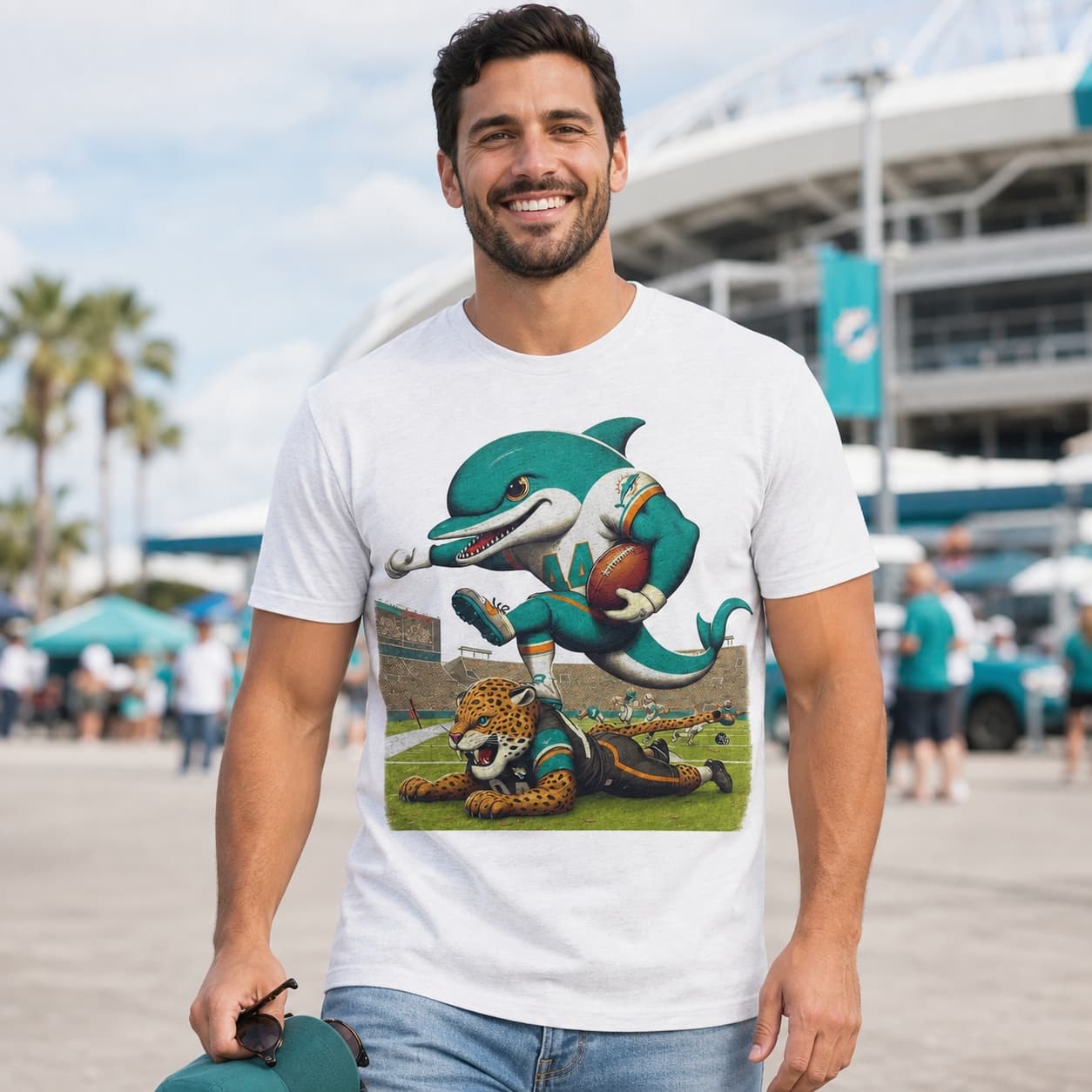 Miami Dolphins vs. Jacksonville Jaguars Retro Rivalry T.D. Mascot Football Artwork Shirt