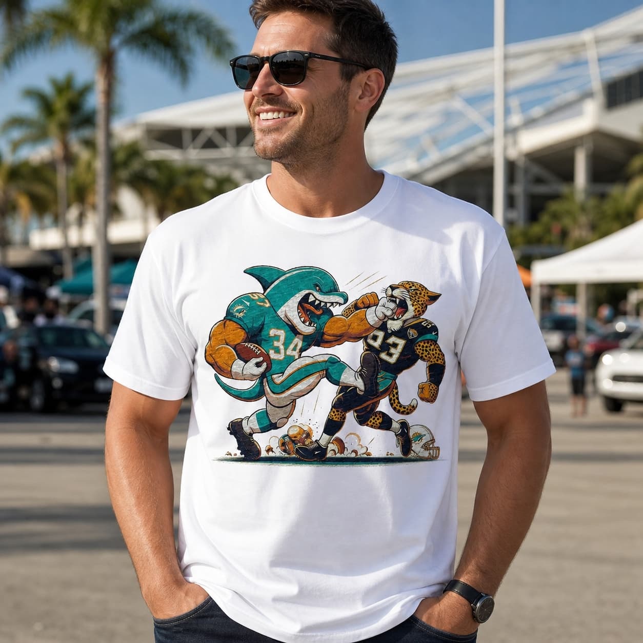 Miami Dolphins vs. Jacksonville Jaguars Retro Rivalry T.D. Punch Football Artwork Shirt