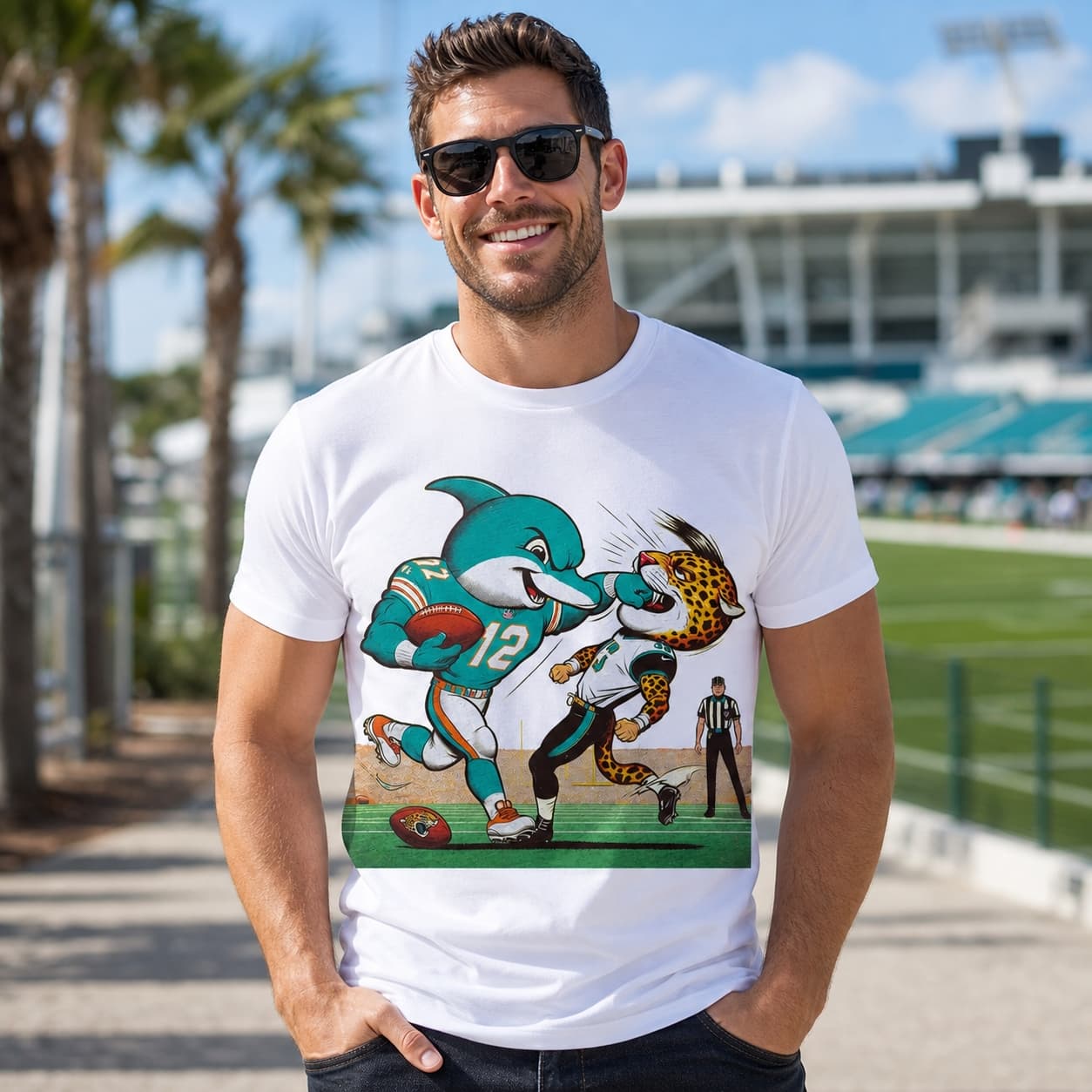 Miami Dolphins vs. Jacksonville Jaguars Retro Rivalry T.D. Spike Football Artwork Shirt