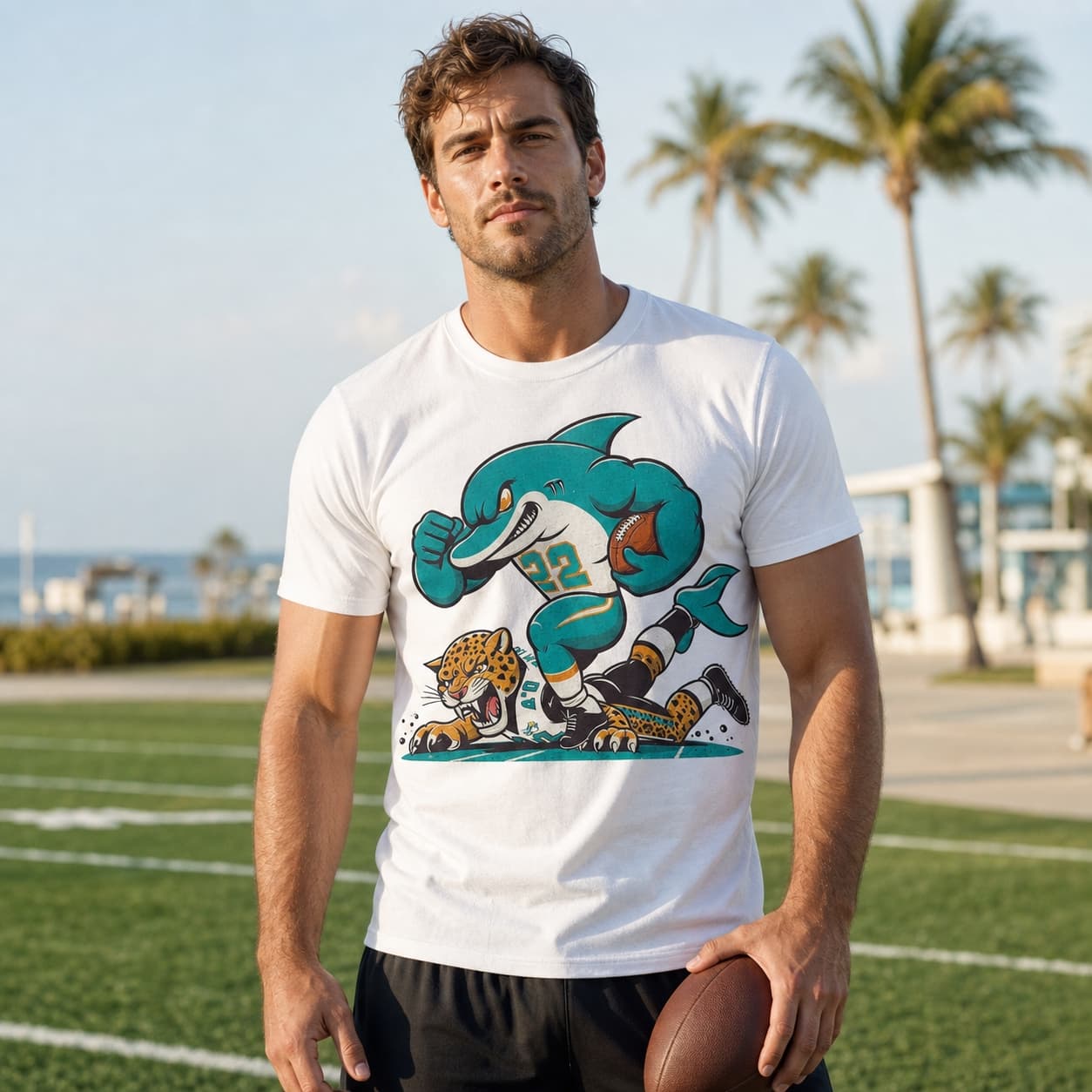 Miami Dolphins vs. Jacksonville Jaguars Retro Rivalry T.D. Stomp Football Artwork Shirt