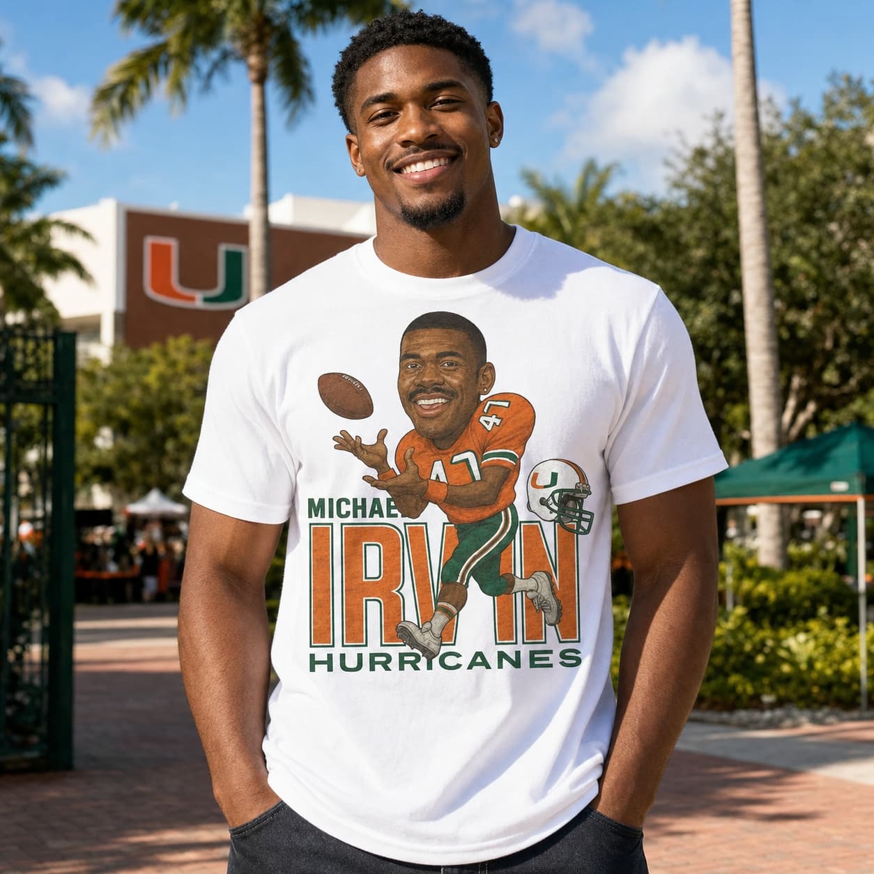 Miami Hurricanes Michael Irvin Exclusive Retro Caricature Football 1986 Artwork Shirt