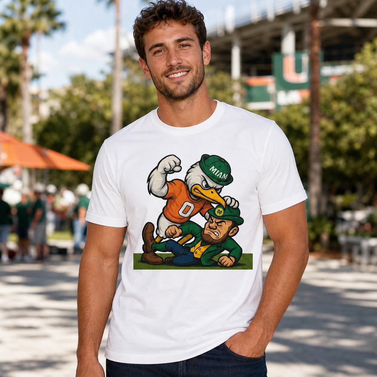 Miami Hurricanes vs. Notre Dame Fighting Irish Exclusive Retro Rivals Football Artwork Shirt