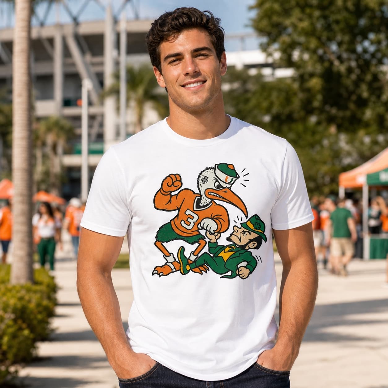 Miami Hurricanes vs. Notre Dame Fighting Irish Exclusive Retro Rivals Football Punch Artwork Shirt
