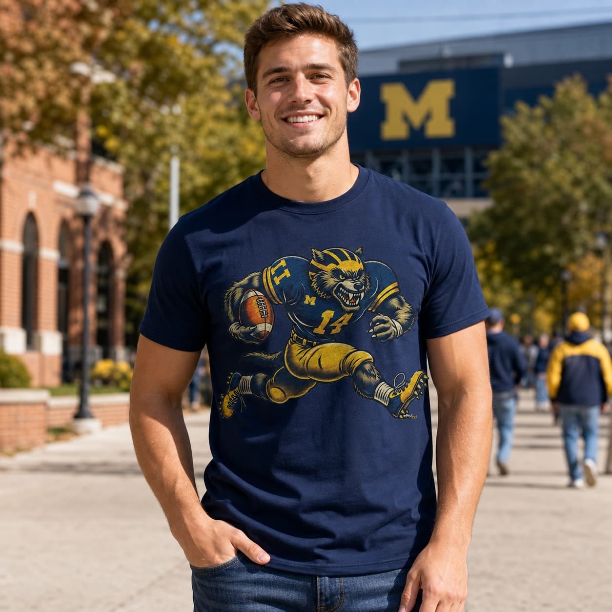 Michigan Wolverines Exclusive Retro Football Hail to the Victors Artwork Shirt
