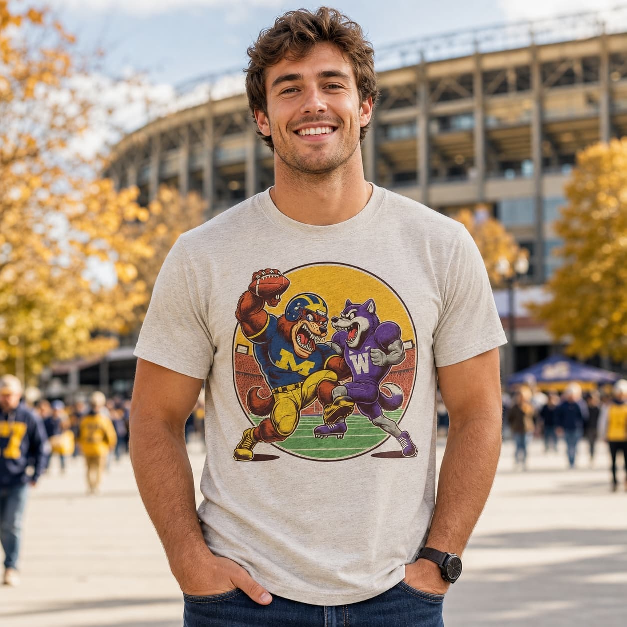 Michigan Wolverines vs. Washington Huskies Retro Rivalry Football Artwork Shirt