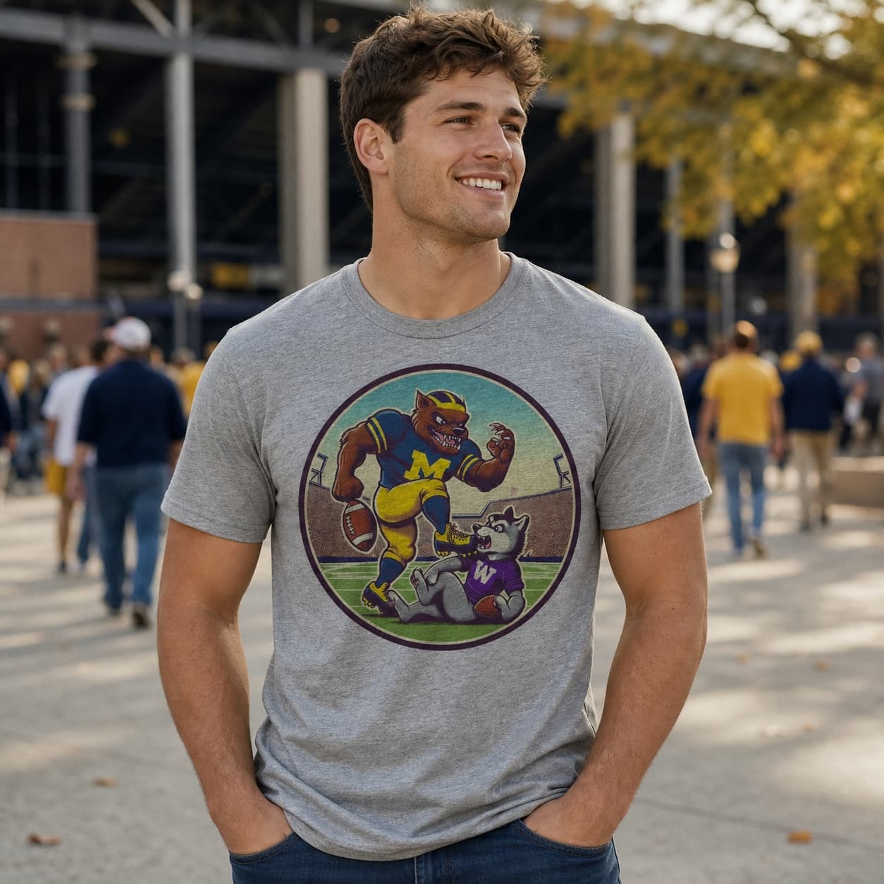 Michigan Wolverines vs. Washington Huskies Retro Rivalry Football Fight Mascot Artwork Shirt