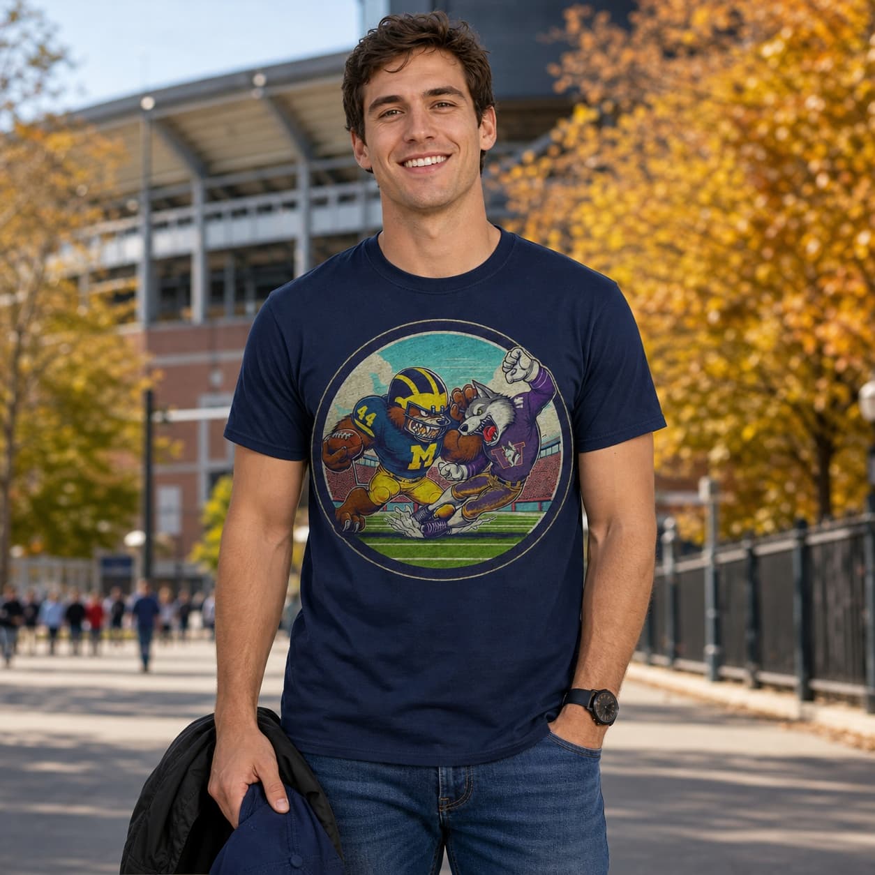 Michigan Wolverines vs. Washington Huskies Retro Rivalry Football Mascot Artwork Shirt