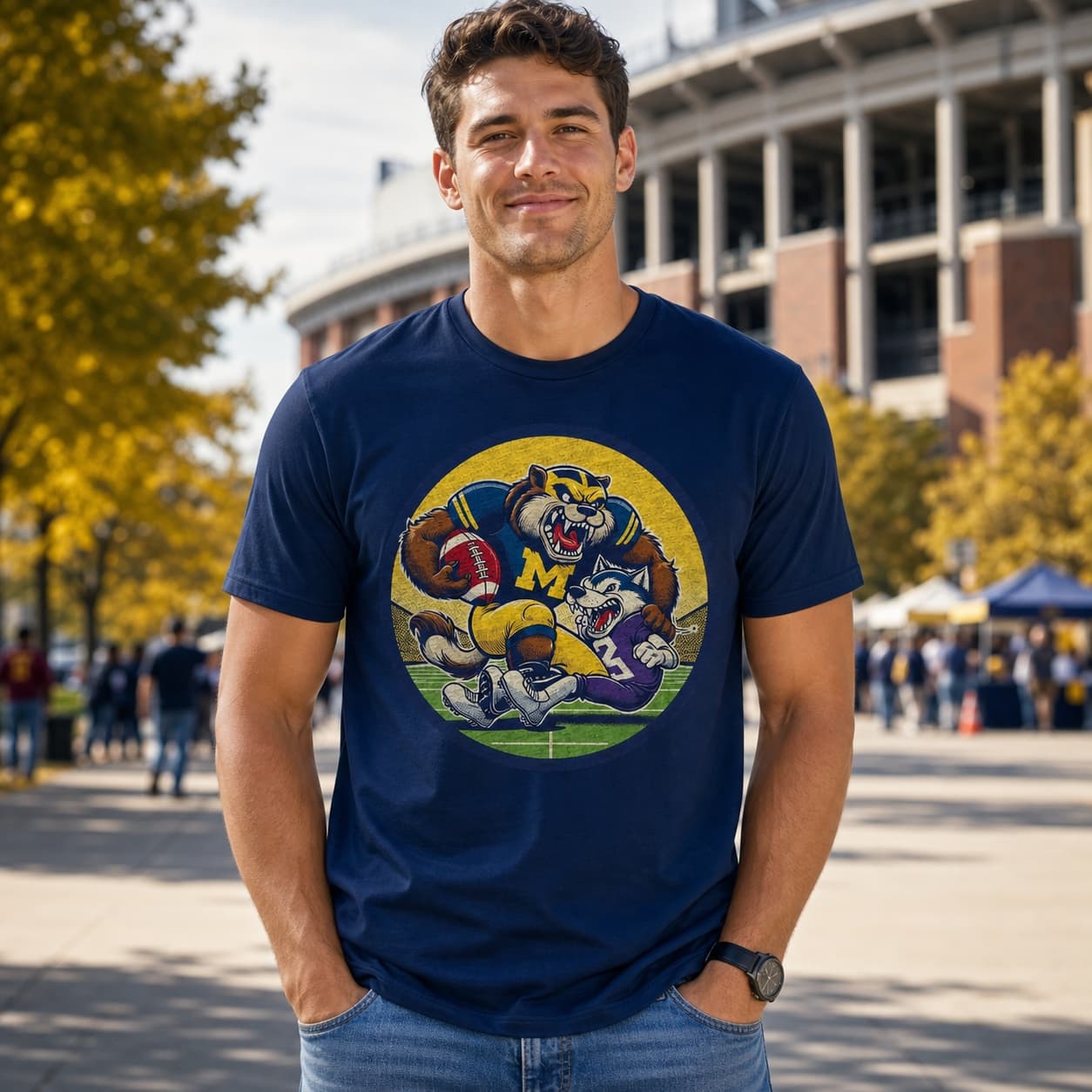 Michigan Wolverines vs. Washington Huskies Vintage Retro Rivalry Football Mascot Artwork Shirt