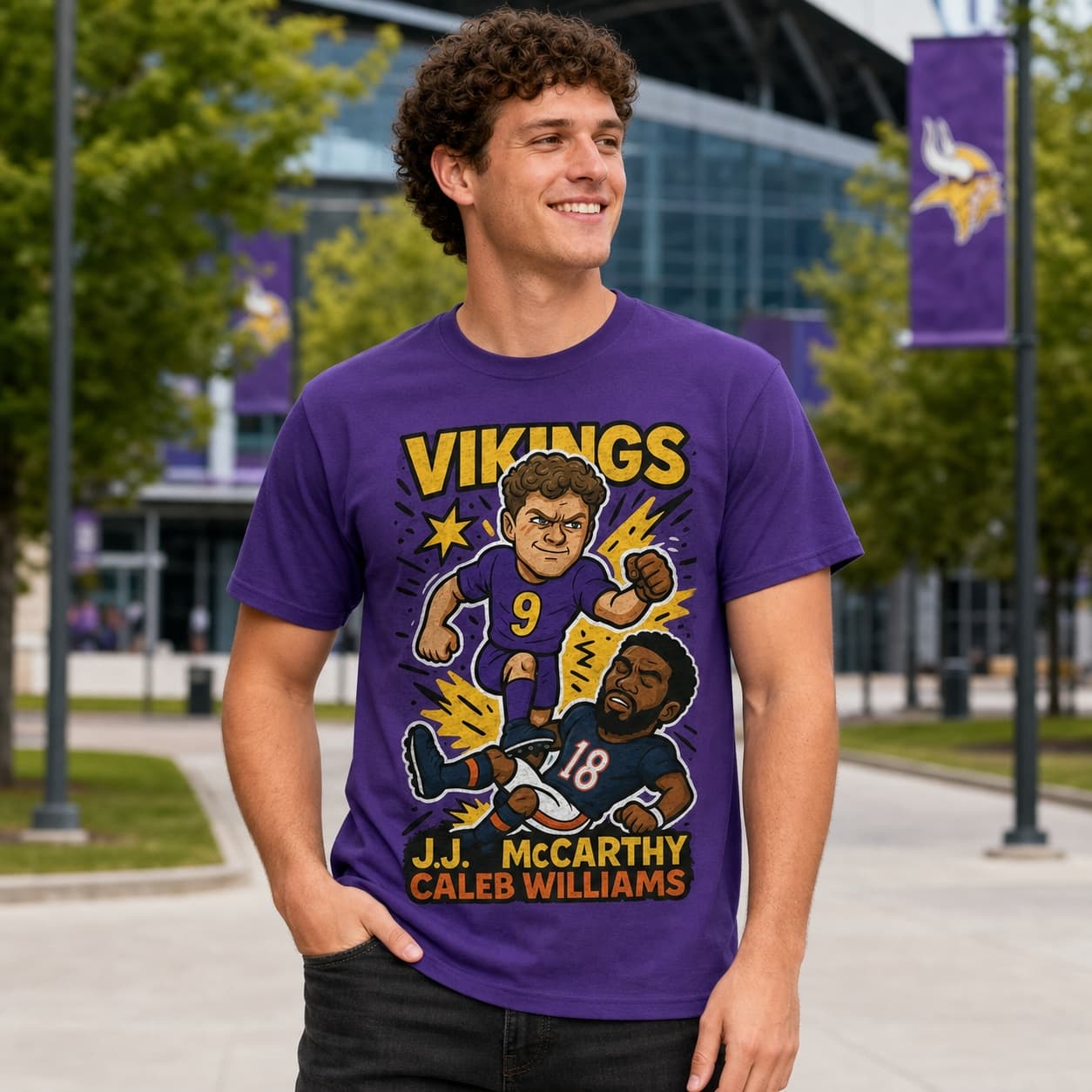 Minnesota Vikings J.J. McCarthy vs. Chicago Bears Caleb Williams Exclusive Retro Rivals Football Artwork Shirt