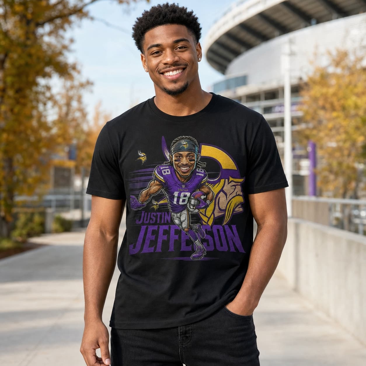 Minnesota Vikings Justin Jefferson Exclusive Retro Football Artwork Heather T-Shirt