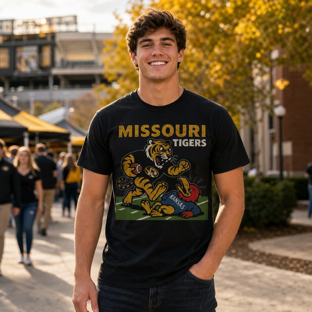 Missouri Tigers vs. Kansas Jayhawks Exclusive Retro Rivalries Football Artwork Shirt