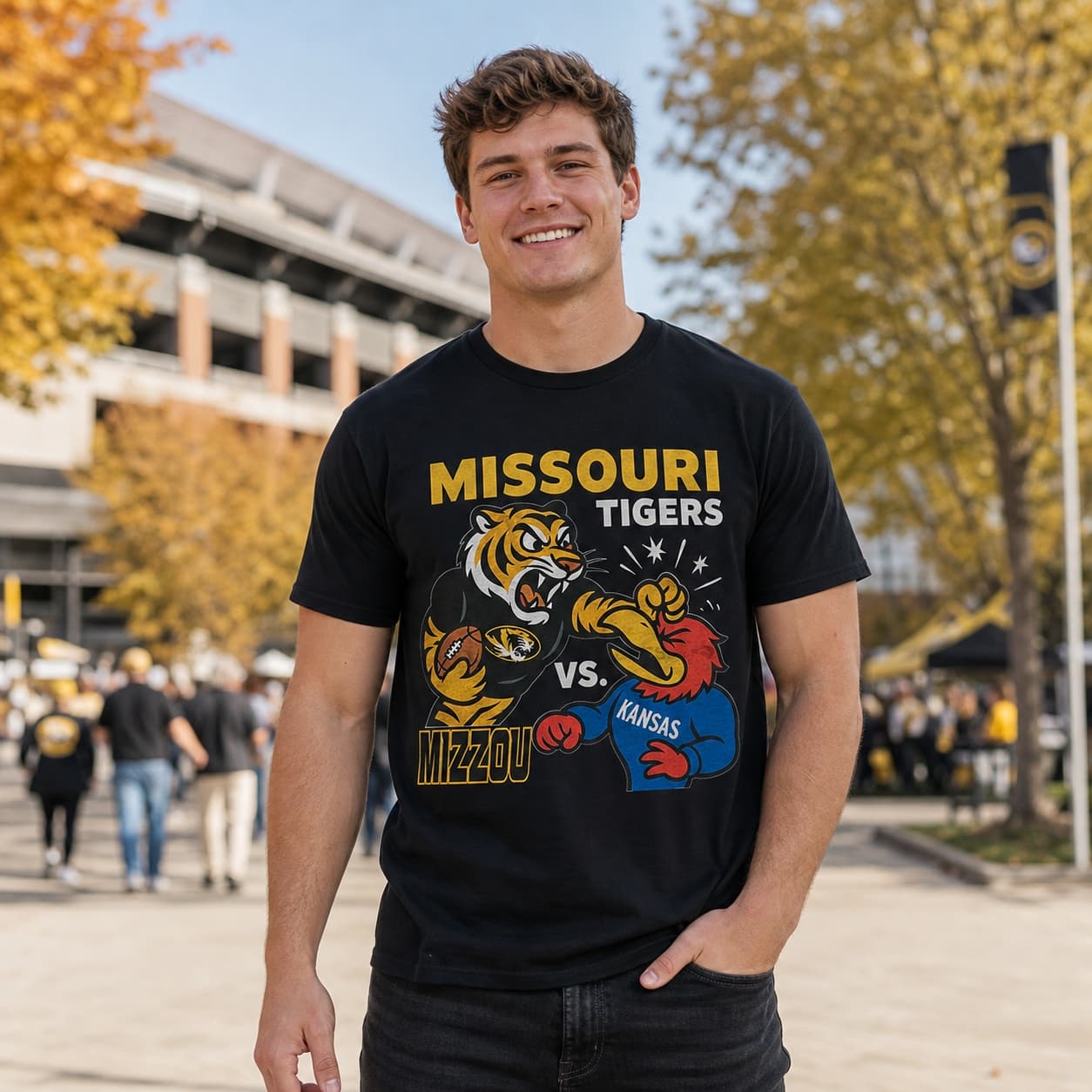 Missouri Tigers vs. Kansas Jayhawks Exclusive Retro Rivalries Football Mizzou Artwork Shirt
