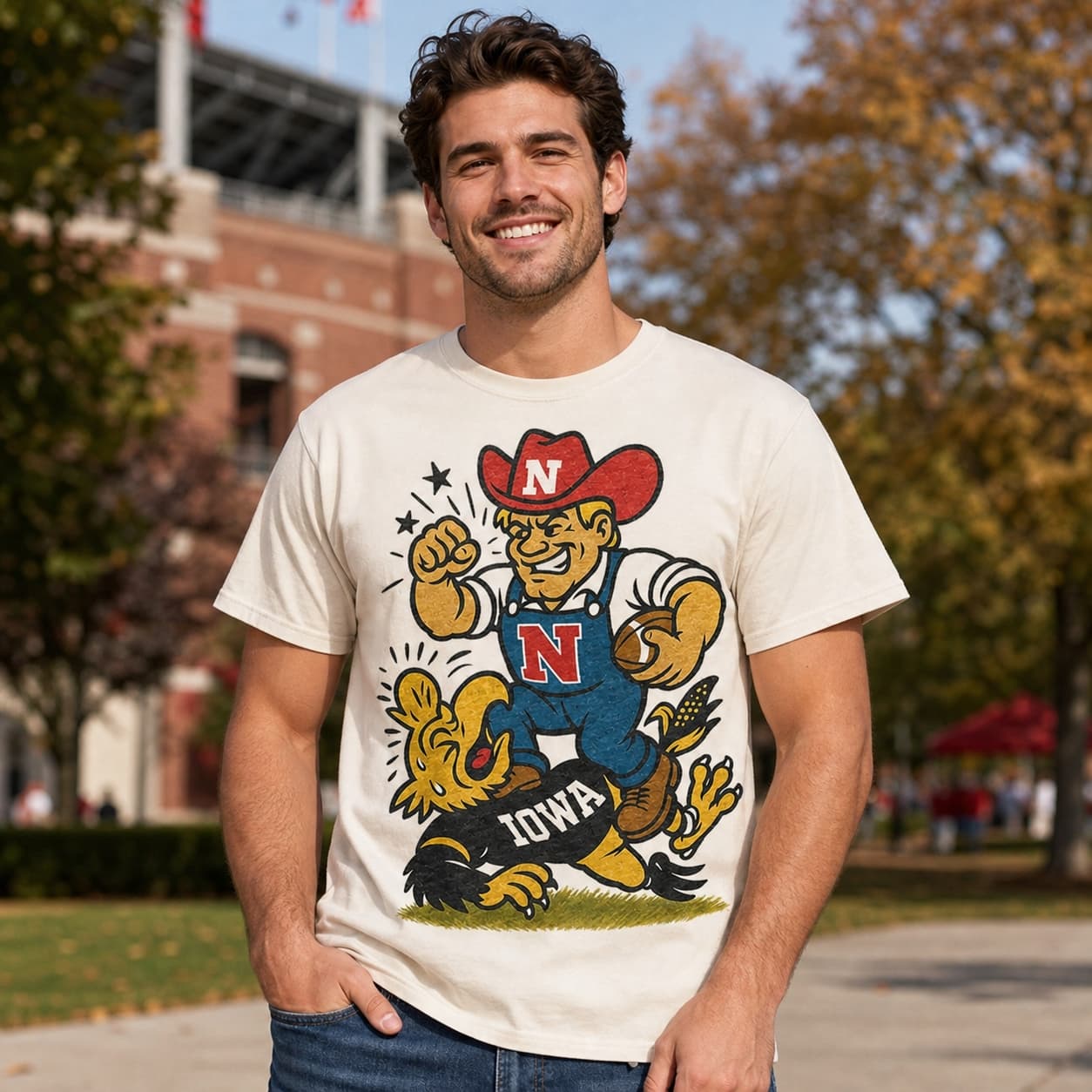 Nebraska Cornhuskers vs. Iowa Hawkeyes Retro Rivals Football Artwork Shirt