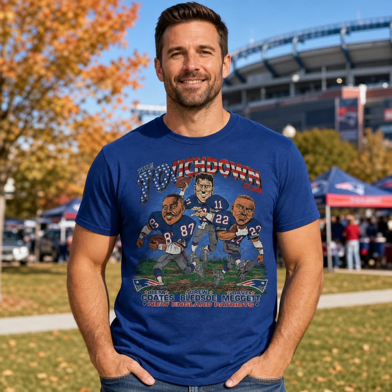 New England Patriots Touchdown Club Bledsoe Retro Football 1995 Artwork T-Shirt