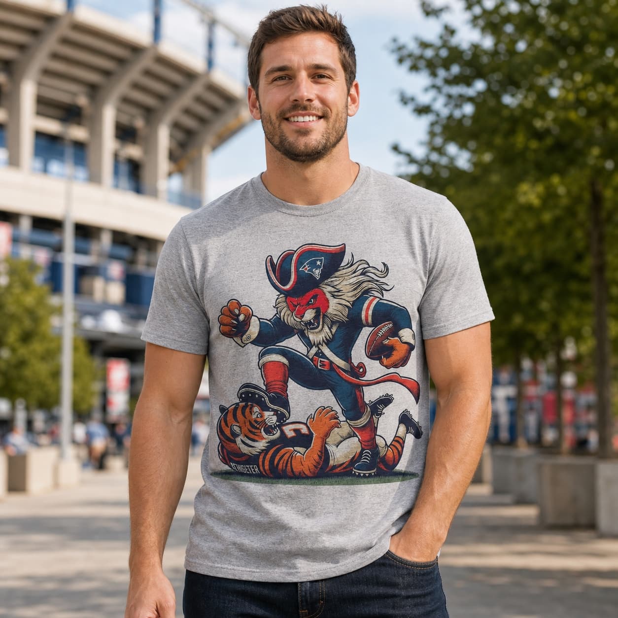New England Patriots vs. Cincinnati Bengals Retro Rivalry Football 1983 Mascot Artwork Shirt