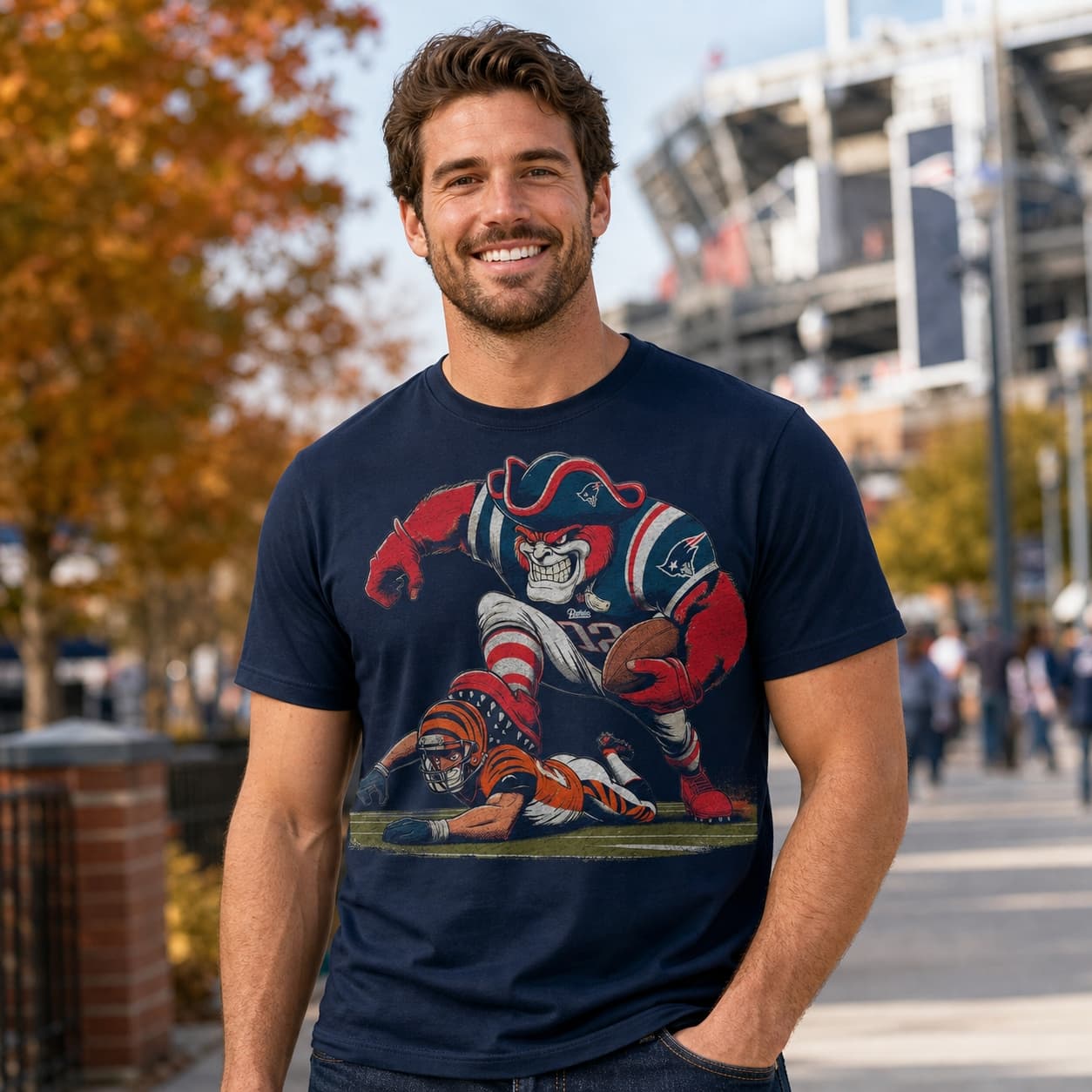 New England Patriots vs. Cincinnati Bengals Retro Rivalry Football 1985 Mascot Artwork Shirt