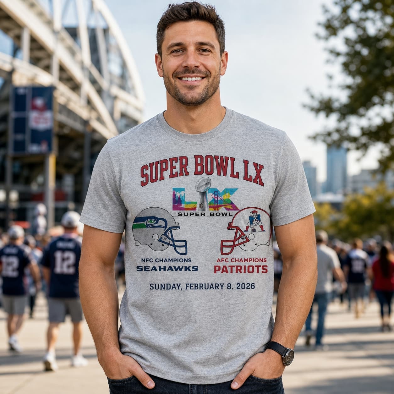 New England Patriots vs. Seattle Seahawks Super Bowl LX Football T-Shirt