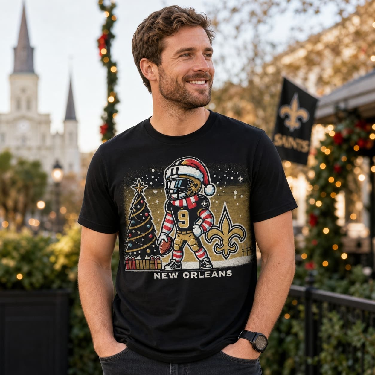 New Orleans Saints Holiday Santa Brees Exclusive Retro Football Artwork Shirt