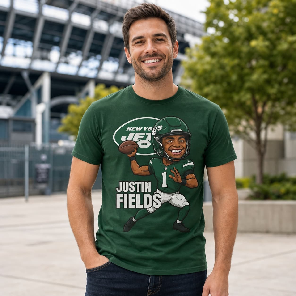 New York Jets Justin Fields Exclusive Retro Football Artwork Shirt