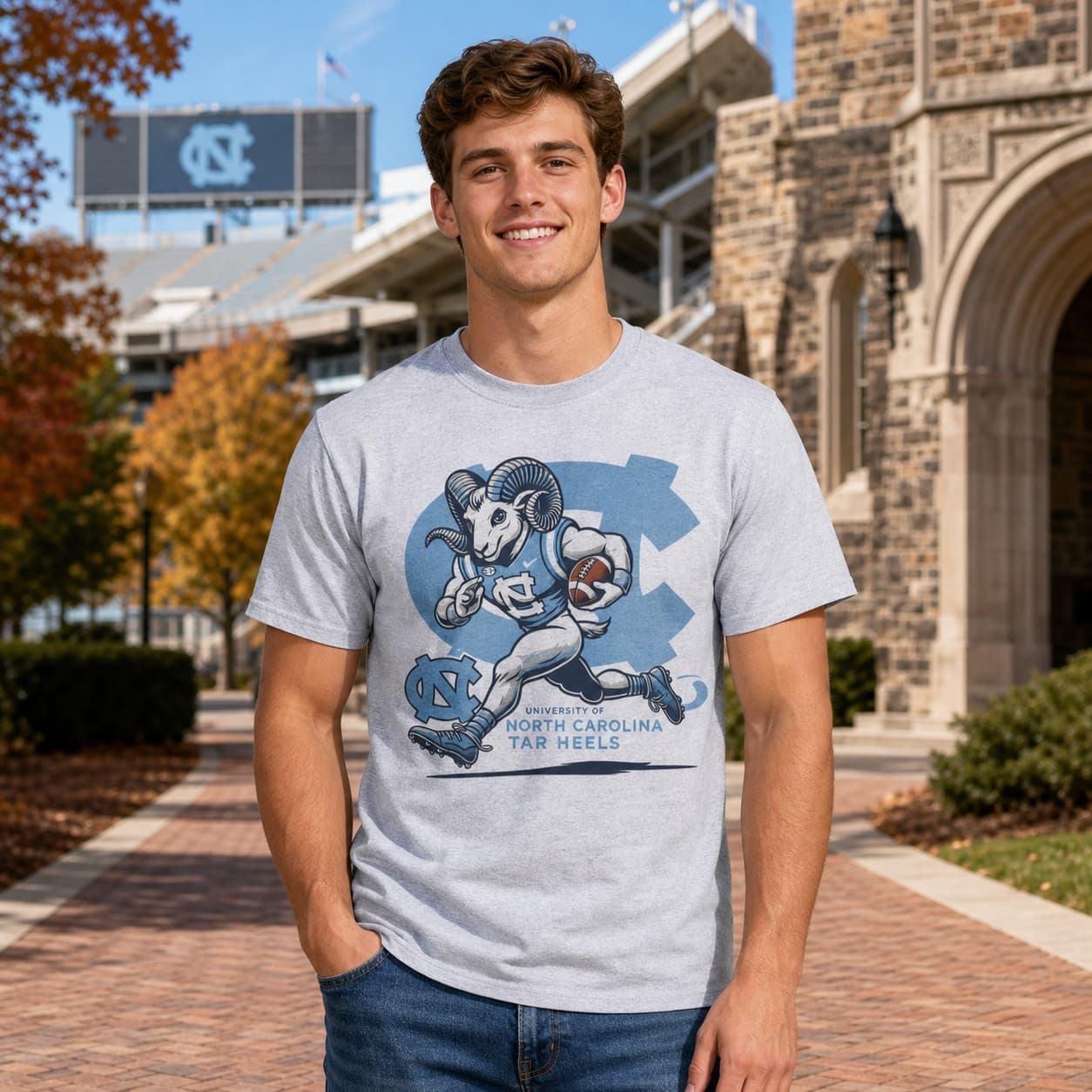 North Carolina Tar Heels Exclusive Retro Football Running Mascot Artwork Shirt