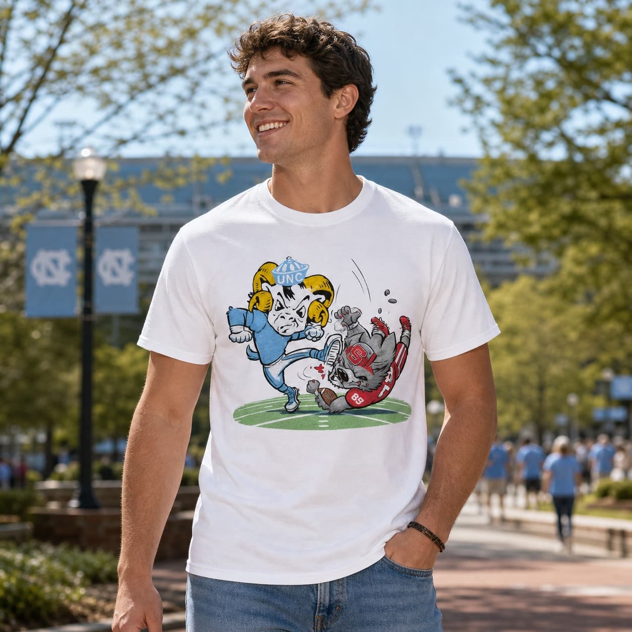 North Carolina Tar Heels vs. NC State Wolfpack Retro Rivalry Football Mascot 1955 Artwork Shirt