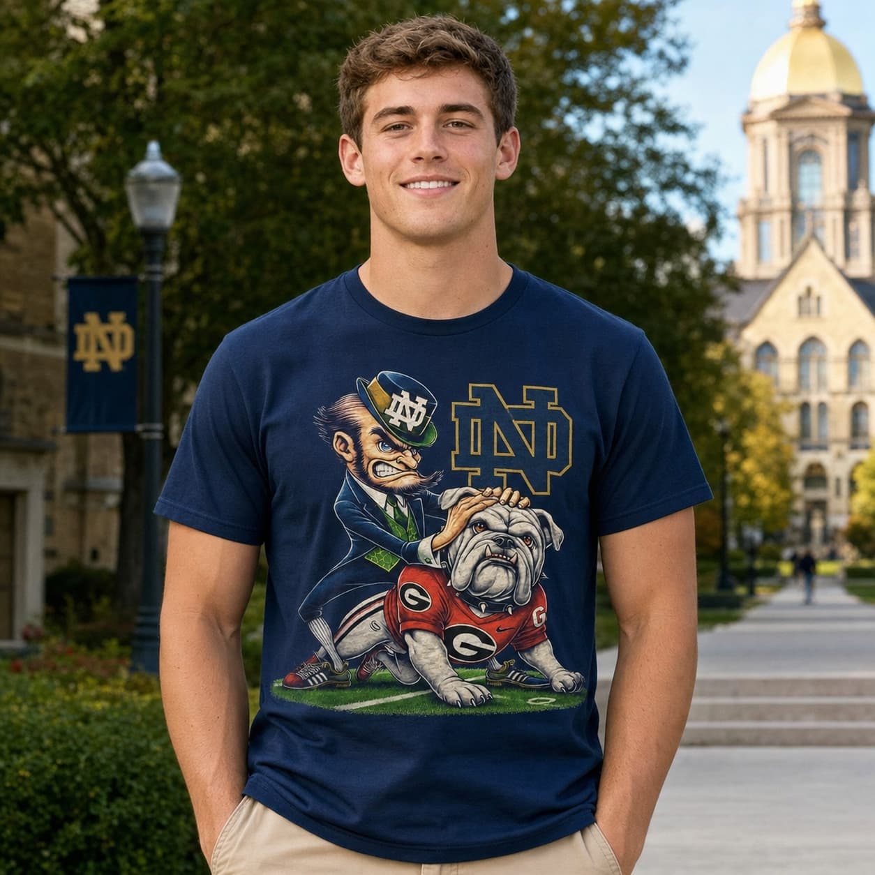 Notre Dame Fighting Irish vs. Georgia Bulldogs Exclusive Retro Rivalries Playoff Football Artwork Shirt