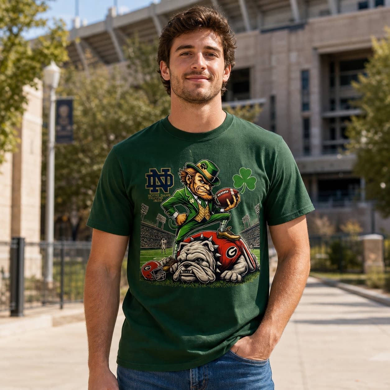 Notre Dame Fighting Irish vs. Georgia Bulldogs Exclusive Retro Rivalries Playoff Football Clover Artwork Shirt