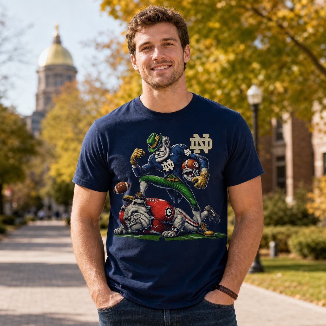 Notre Dame Fighting Irish vs. Georgia Bulldogs Exclusive Retro Rivalries Playoff Football Knockout Artwork Shirt