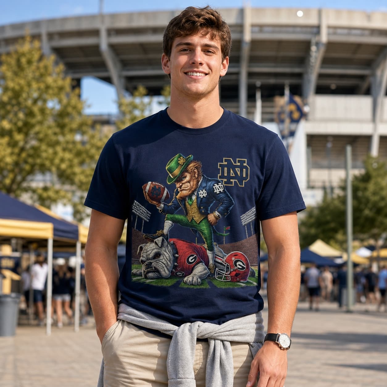 Notre Dame Fighting Irish vs. Georgia Bulldogs Exclusive Retro Rivalries Playoff Football Stadium Artwork Shirt
