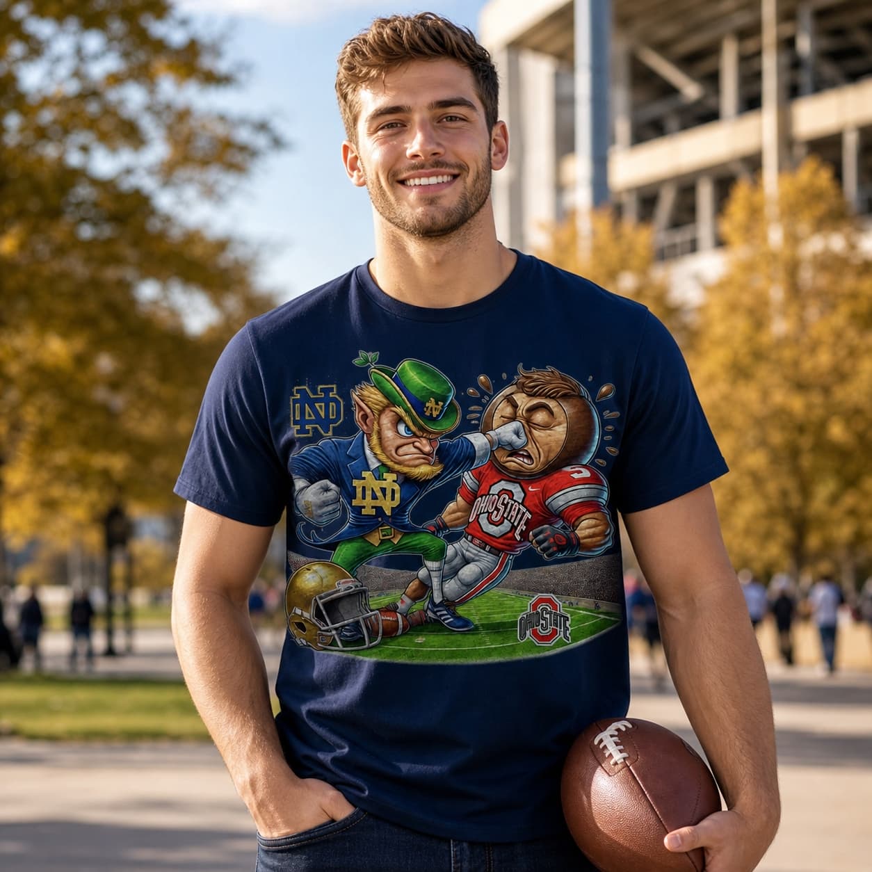 Notre Dame Fighting Irish vs. Ohio State Buckeyes Exclusive Retro Rivalries Playoff Football Punch Artwork Heather T-Shirt