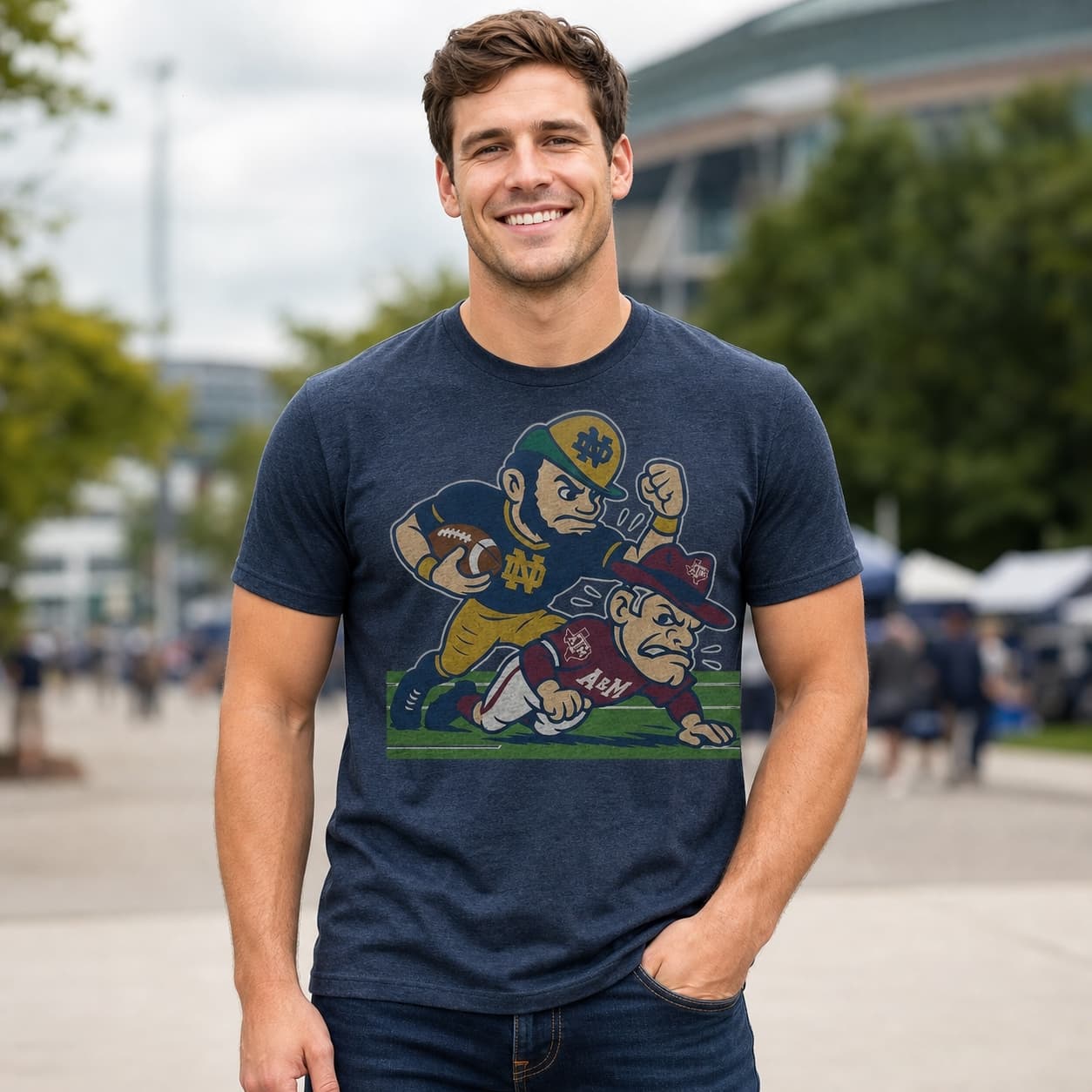 Notre Dame Fighting Irish vs. Texas A&M Aggies Exclusive Retro Rivals Football Artwork Shirt