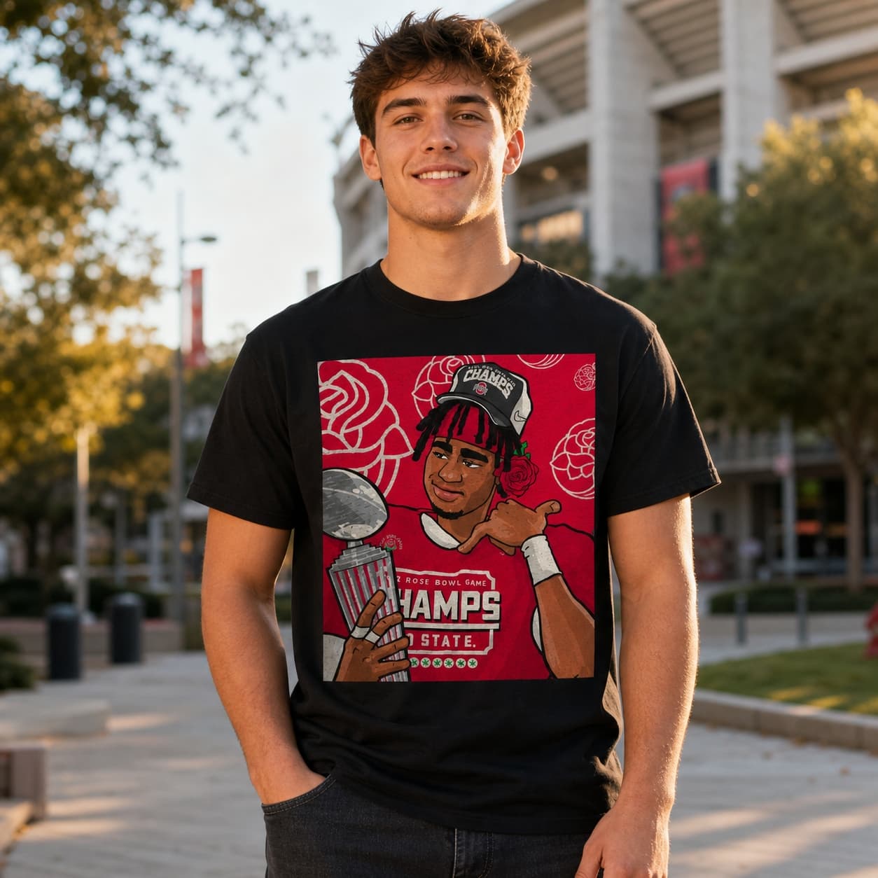 Ohio State Buckeyes CJ Stroud Rose Bowl Champs Exclusive Retro Football Artwork Shirt