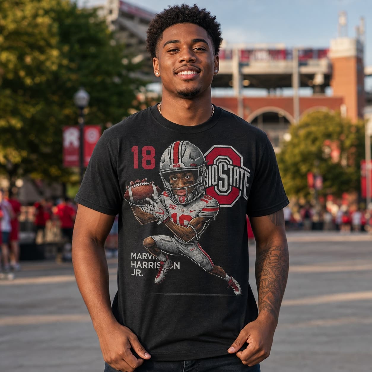 Ohio State Buckeyes Marvin Harrison Jr. Exclusive Retro Football Artwork Heather T-Shirt