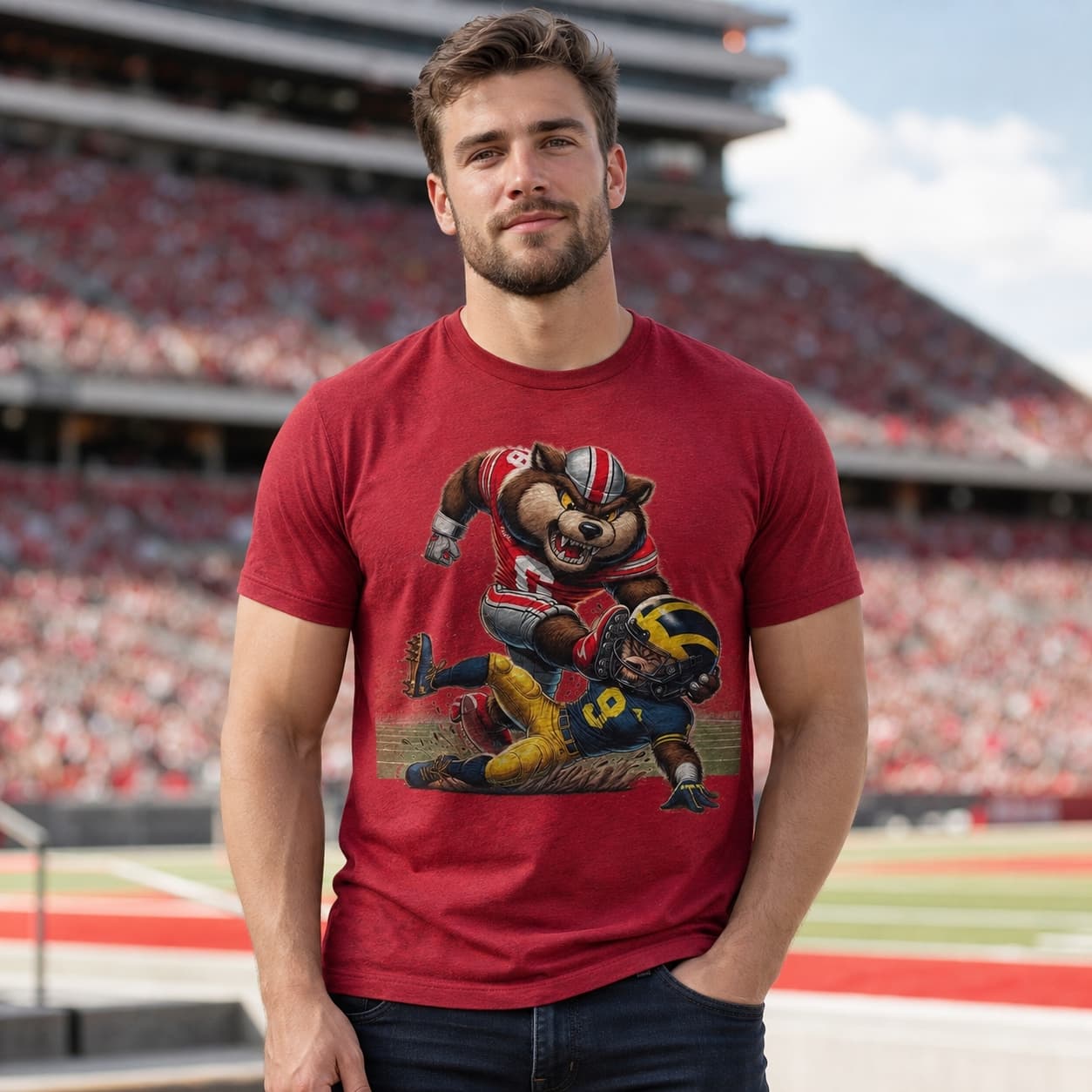 Ohio State Buckeyes vs. Michigan Wolverines Exclusive Retro Rivalries Football Brutus Crushing Artwork Shirt