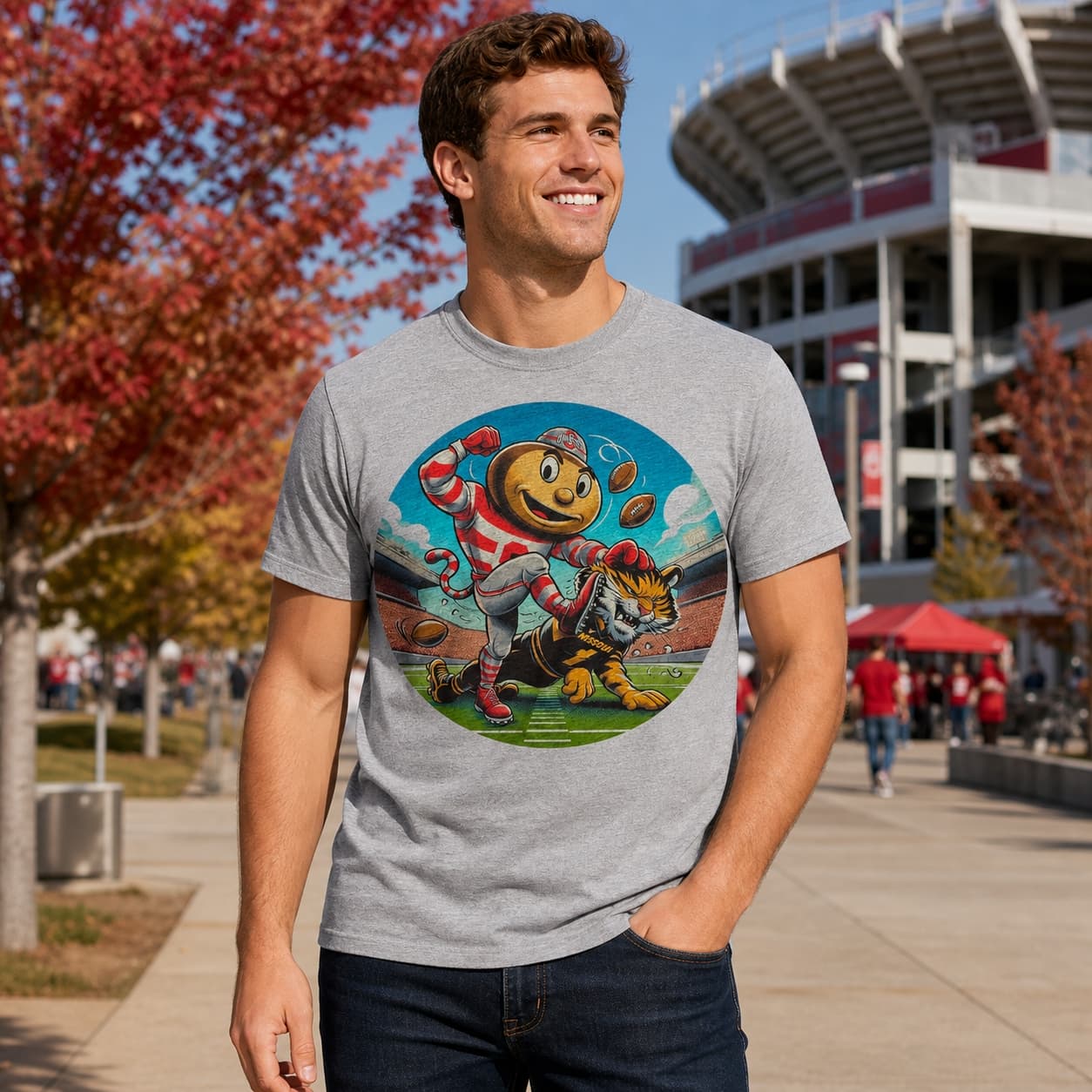 Ohio State Buckeyes vs. Missouri Tigers Retro Rivalry Football Mascot Artwork Shirt