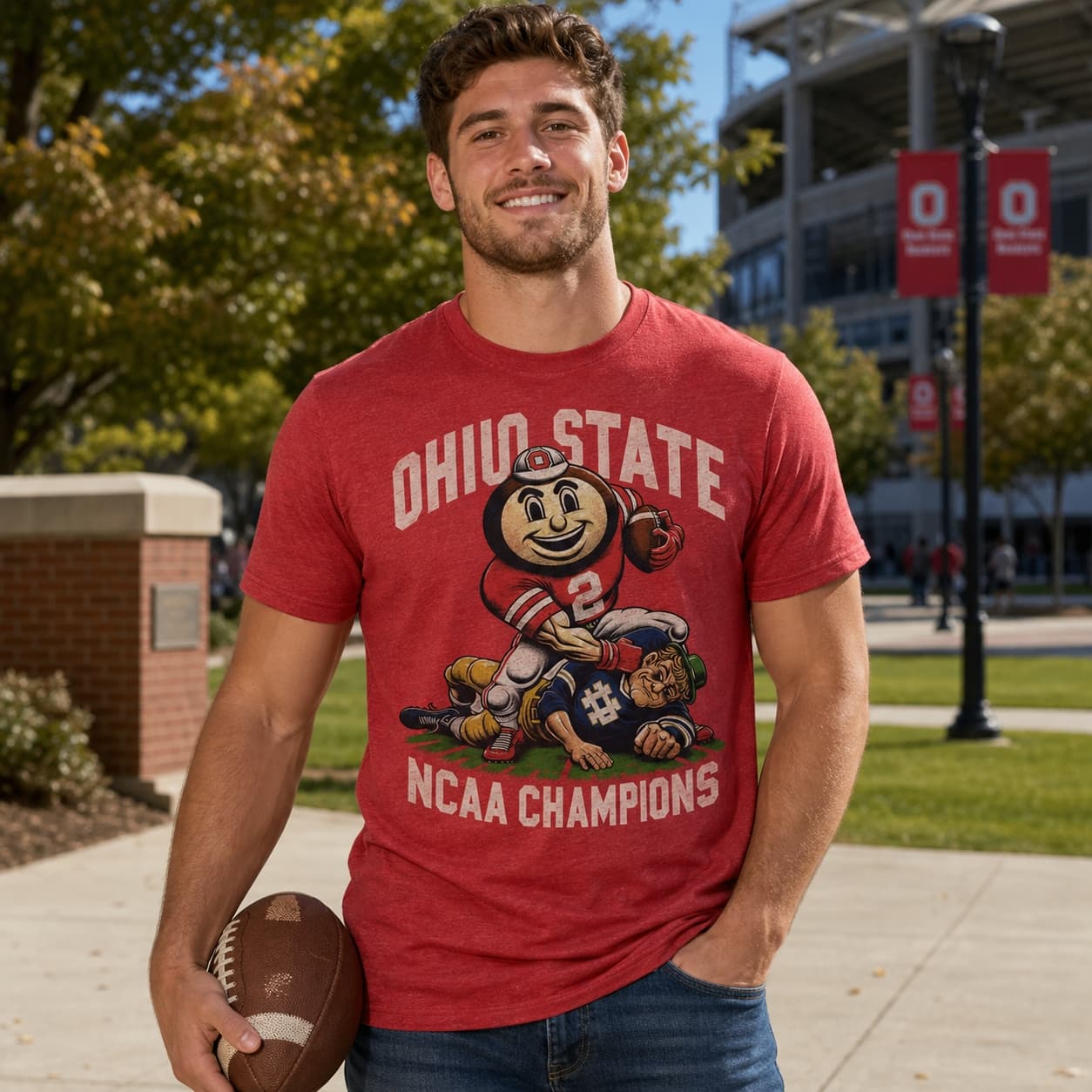 Ohio State Buckeyes vs. Notre Dame Fighting Irish Exclusive Retro Rivalries Champs Playoff Football Artwork Shirt