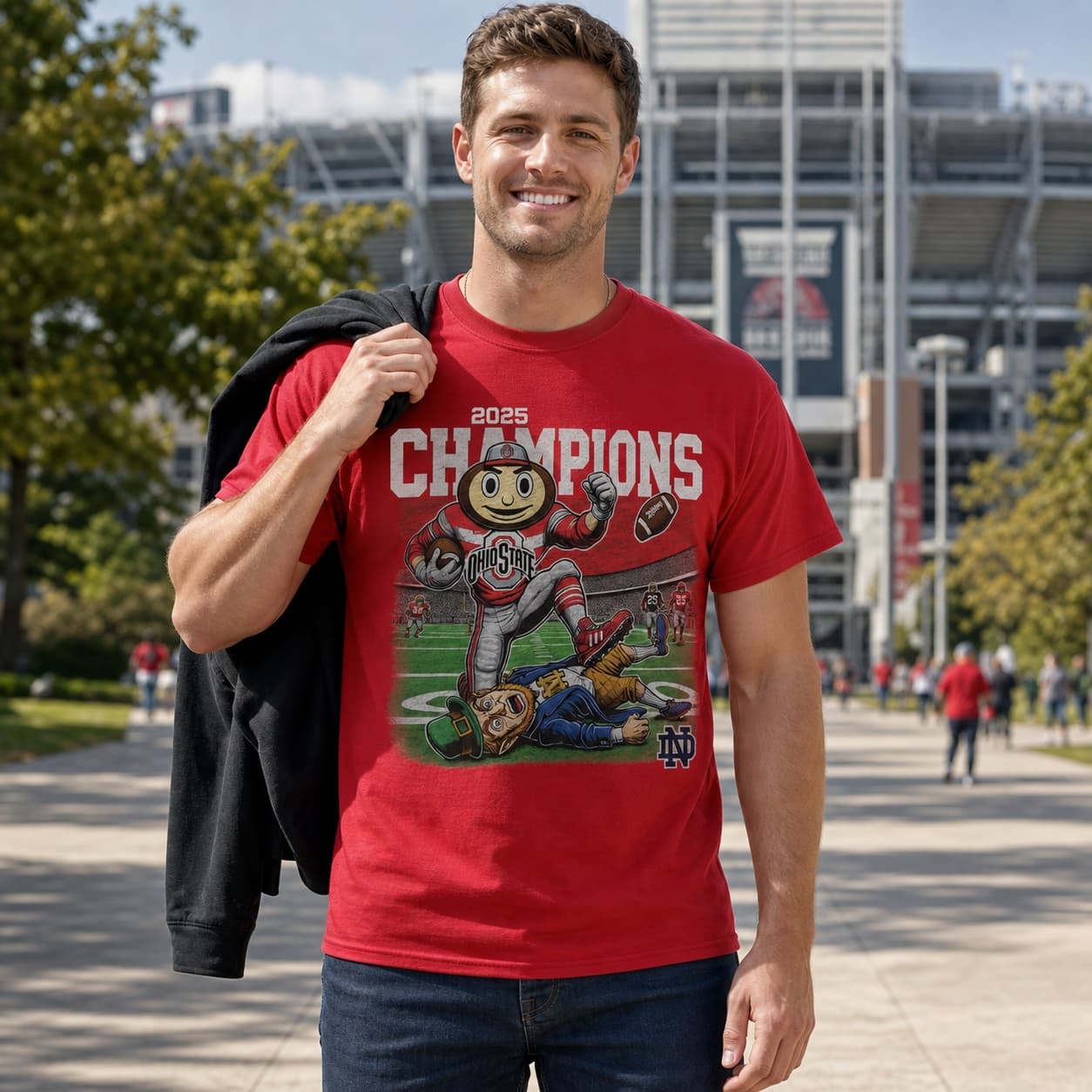 Ohio State Buckeyes vs. Notre Dame Fighting Irish Exclusive Retro Rivalries Football Champs Artwork Shirt