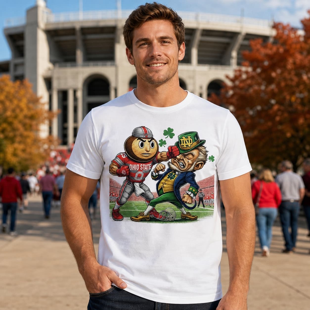 Ohio State Buckeyes vs. Notre Dame Fighting Irish Exclusive Retro Rivalries Playoff Football Punch Artwork Shirt