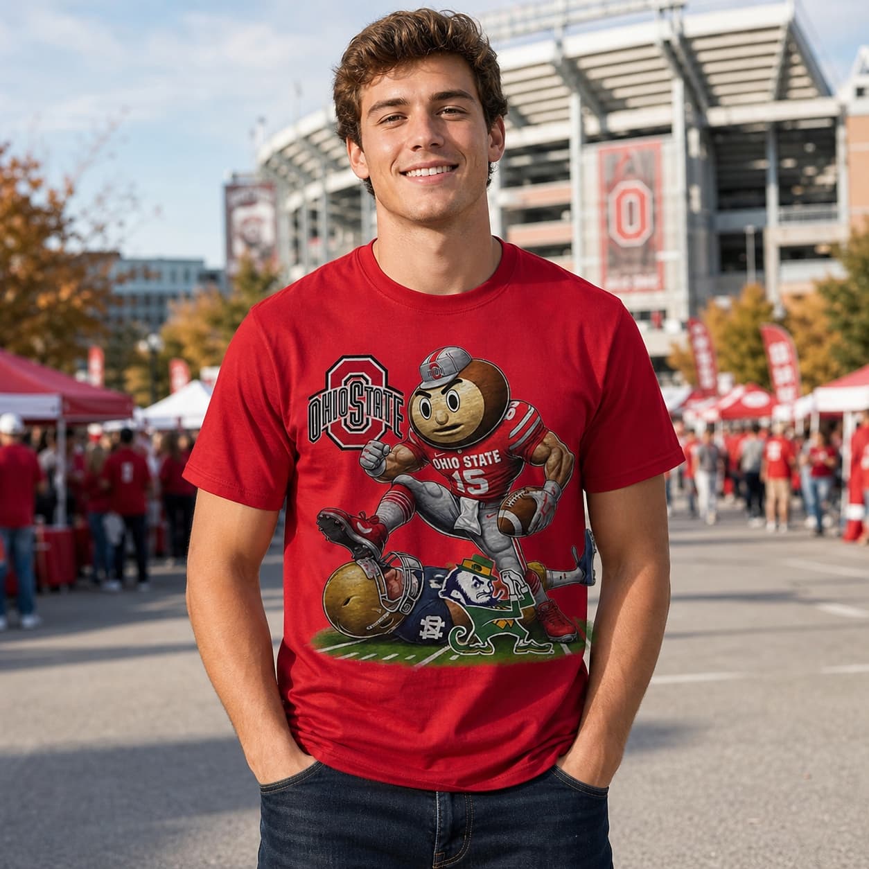 Ohio State Buckeyes vs. Notre Dame Fighting Irish Exclusive Retro Rivalries Playoff Football Stomp Artwork Shirt