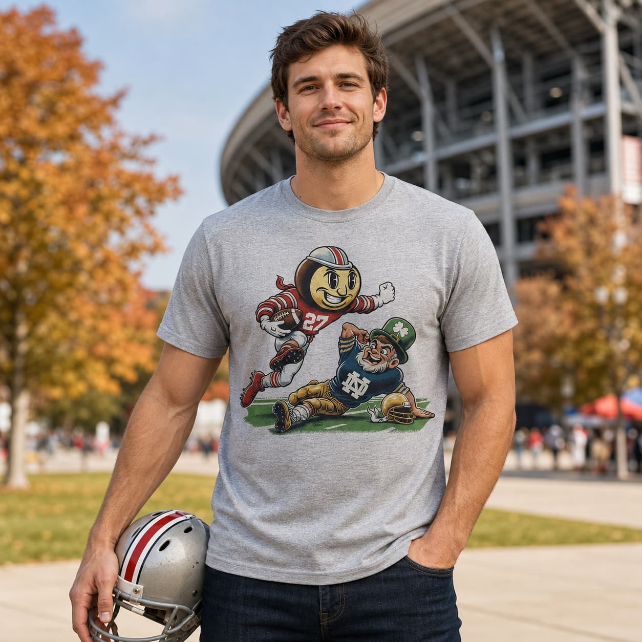 Ohio State Buckeyes vs. Notre Dame Fighting Irish Exclusive Stiff Arm Retro Rivalries Football Artwork Shirt