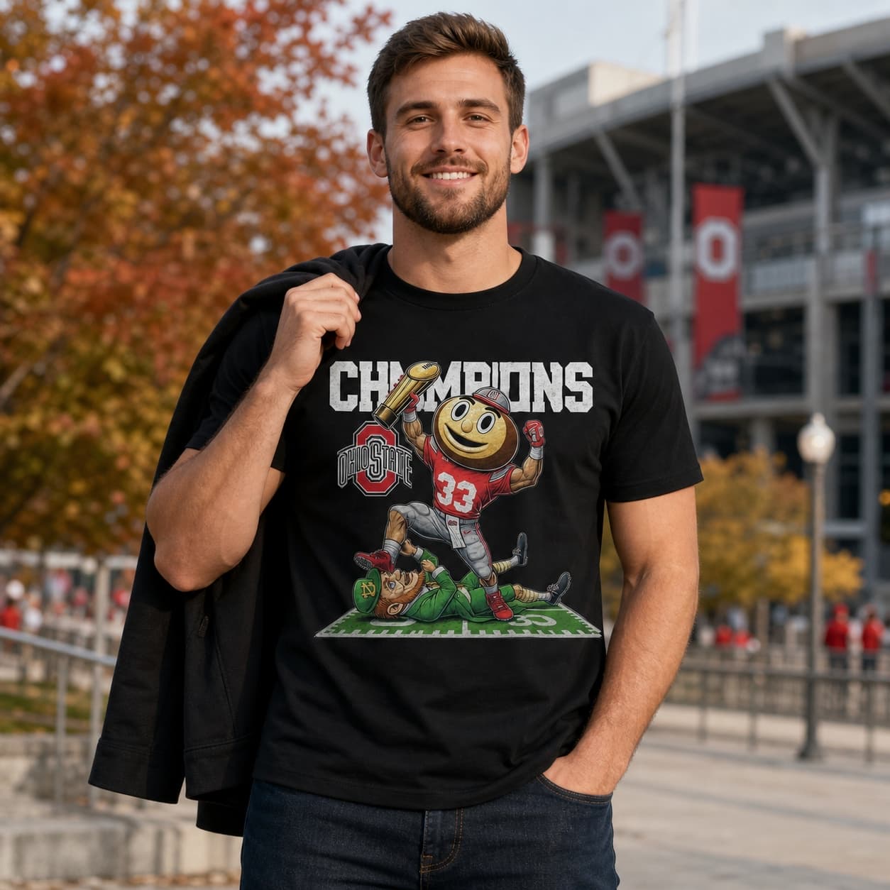 Ohio State Buckeyes vs. Notre Dame Irish Exclusive Retro Rivalries National Football Champions Stomp Artwork Shirt