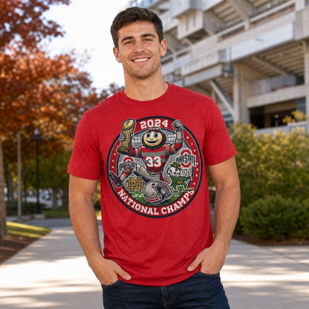 Ohio State Buckeyes vs. Notre Dame Irish Exclusive Retro Rivalries National Football Champs Circle Artwork Shirt