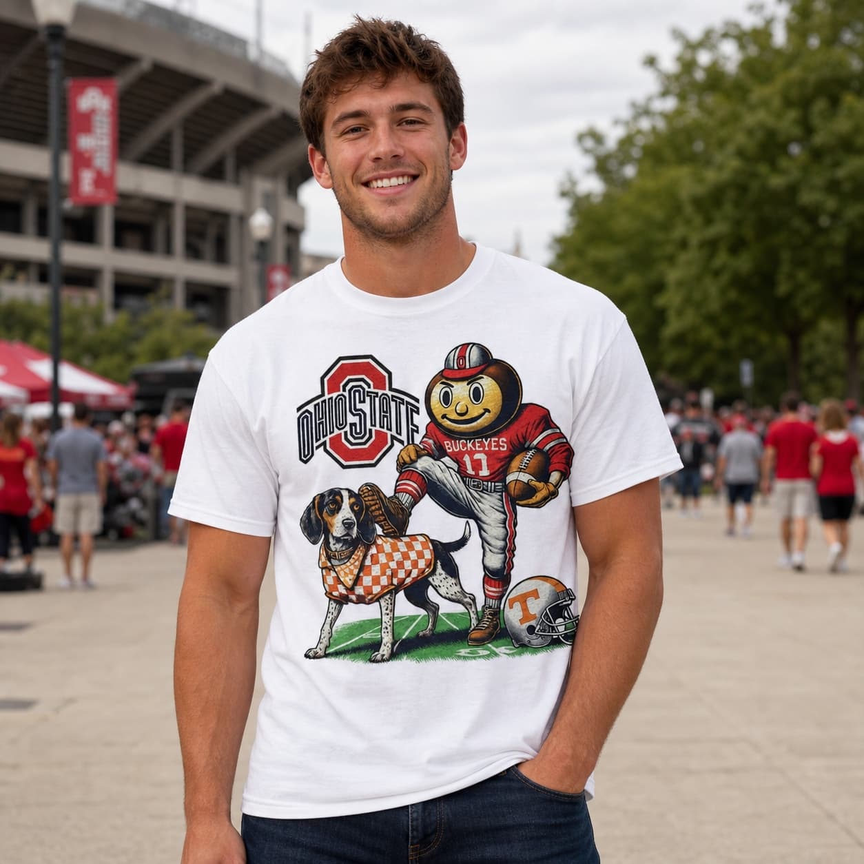 Ohio State Buckeyes vs. Tennessee Volunteers Exclusive Retro Rivalries Playoff Football Artwork Heather T-Shirt