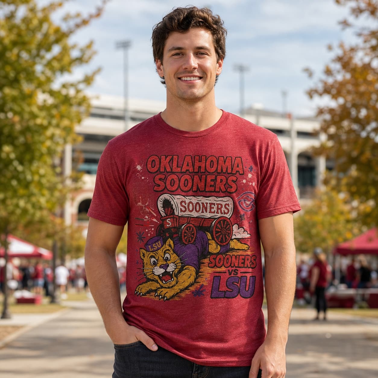 Oklahoma Sooners vs. LSU Tigers Retro Rivals Football Artwork Shirt
